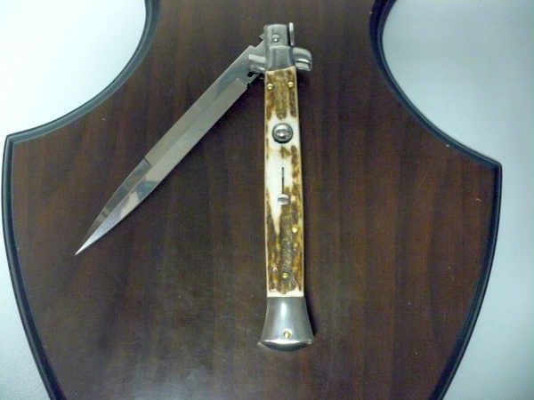 Coltello a scatto - pugnale -Frank Beltrame - italian stiletto 28 cm - corno di cervo / deer horn, lama baionetta -  FB 28/63B - 8