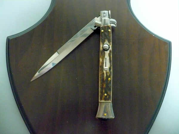 Coltello a scatto - pugnale -Frank Beltrame - italian stiletto 28 cm - corno di cervo / deer horn, lama baionetta -  FB 28/63B - 3
