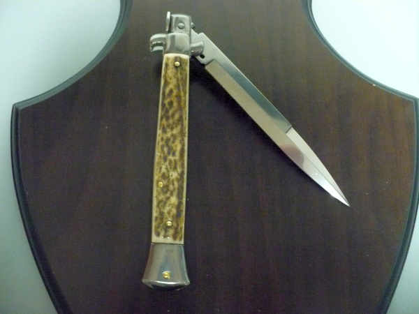 Coltello a scatto - pugnale -Frank Beltrame - italian stiletto 28 cm - corno di cervo / deer horn, lama baionetta -  FB 28/63B - 3