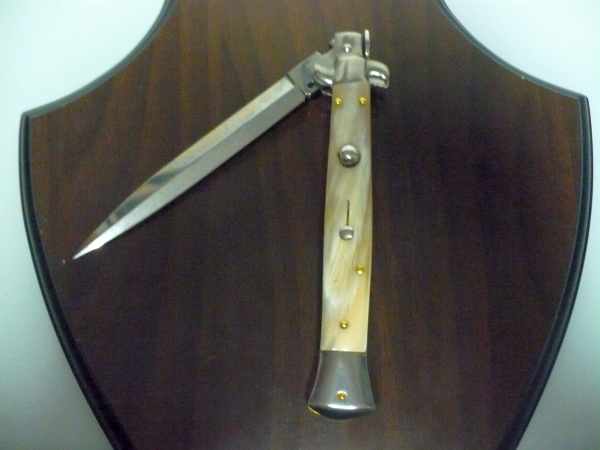 Frank Beltrame - italian stiletto, coltello a scatto, 28 cm -bufalo chiaro, lama dagger  FB 28/48D- 10