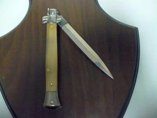 Frank Beltrame - italian stiletto, coltello a scatto, 28 cm -bufalo chiaro, lama dagger  FB 28/48D- 10