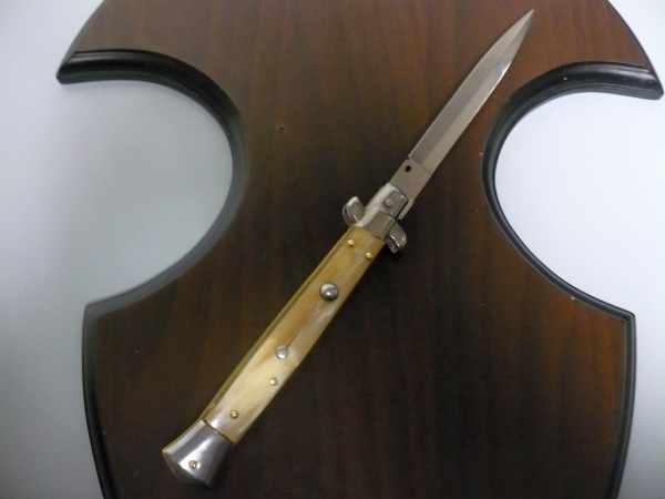 Frank Beltrame - italian stiletto, coltello a scatto, 28 cm -bufalo chiaro, lama dagger  FB 28/48D- 6
