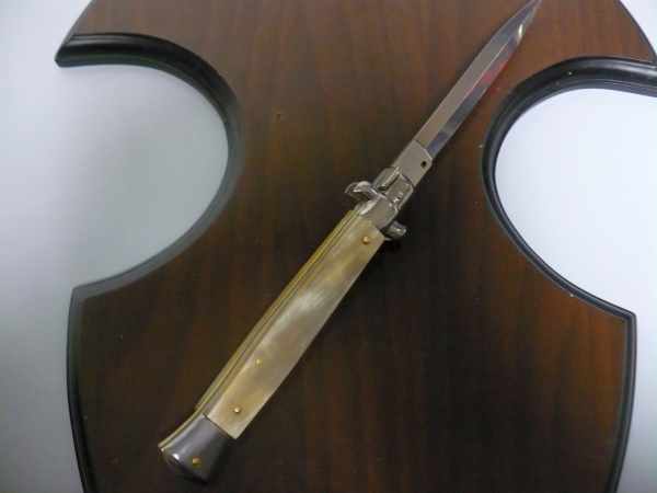 Frank Beltrame - italian stiletto, coltello a scatto, 28 cm -bufalo chiaro, lama dagger  FB 28/48D- 6