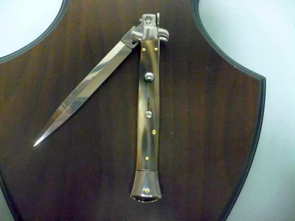 Frank Beltrame - italian stiletto, coltello a scatto, 28 cm -bufalo chiaro, lama dagger  FB 28/48D-3