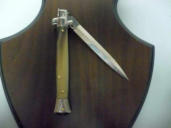 Frank Beltrame - italian stiletto, coltello a scatto, 28 cm -bufalo chiaro, lama dagger  FB 28/48D-3