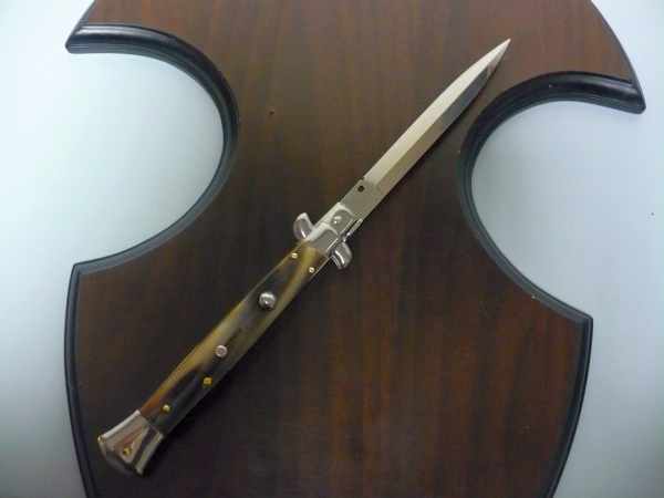 Frank Beltrame - italian stiletto, coltello a scatto, 28 cm -bufalo chiaro, lama dagger  FB 28/48D-3