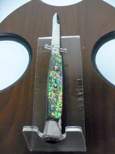 Classic swinguard - italian stiletto, coltello a scatto, 28cm - AKC World , abalone,  lama baionetta lavorata a lima / file