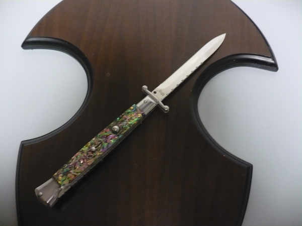 Classic swinguard - italian stiletto, coltello a scatto, 28cm - AKC World , abalone,  lama baionetta lavorata a lima / file