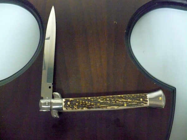 Coltello a scatto - pugnale -Frank Beltrame - italian stiletto 28 cm - corno di cervo / deer horn, lama baionetta -  FB 28/63B - 4