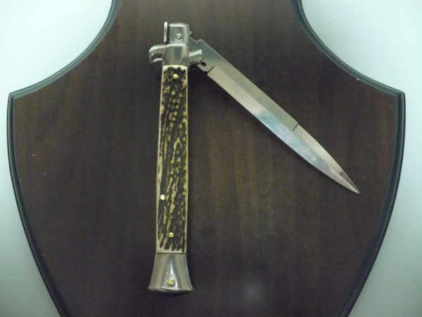 Coltello a scatto - pugnale -Frank Beltrame - italian stiletto 28 cm - corno di cervo / deer horn, lama baionetta -  FB 28/63B - 4