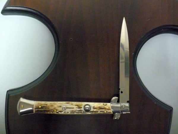 Coltello a scatto - pugnale -Frank Beltrame - italian stiletto 28 cm - corno di cervo / deer horn, lama baionetta -  FB 28/63B - 4