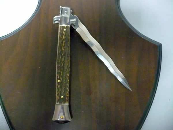 Coltello a scatto - pugnale -Frank Beltrame - italian stiletto 28 cm - corno di cervo / deer horn, lama kriss -  FB 28/63K - 5