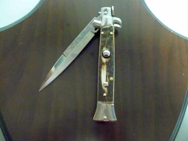Coltello a scatto - pugnale -Frank Beltrame - italian stiletto 23 cm - lama baionetta - corno di cervo / deer horn -  FB 23/63B - 5