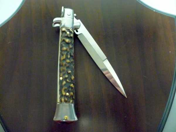 Coltello a scatto - pugnale -Frank Beltrame - italian stiletto 23 cm - lama baionetta - corno di cervo / deer horn -  FB 23/63B - 5