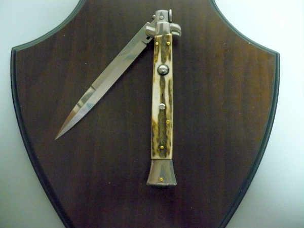 Coltello a scatto - pugnale -Frank Beltrame - italian stiletto 28 cm - corno di cervo / deer horn, lama baionetta -  FB 28/63B - 5