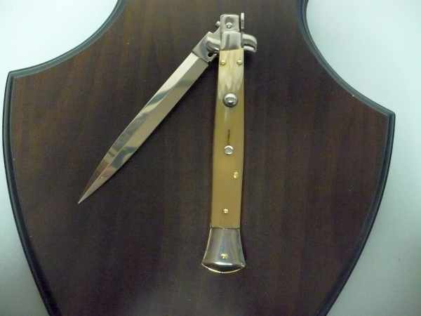 Frank Beltrame - italian stiletto, coltello a scatto, 28 cm -bufalo chiaro, lama dagger  FB 28/48D- 5