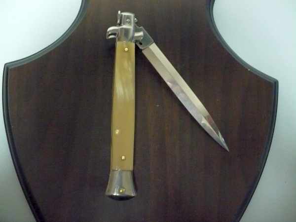 Frank Beltrame - italian stiletto, coltello a scatto, 28 cm -bufalo chiaro, lama dagger  FB 28/48D- 5