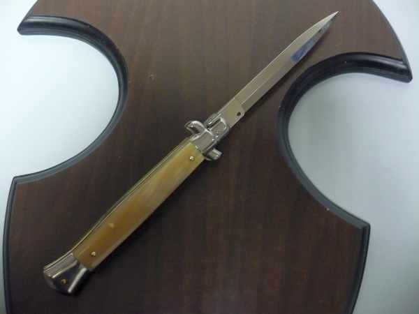 Frank Beltrame - italian stiletto, coltello a scatto, 28 cm -bufalo chiaro, lama dagger  FB 28/48D- 5