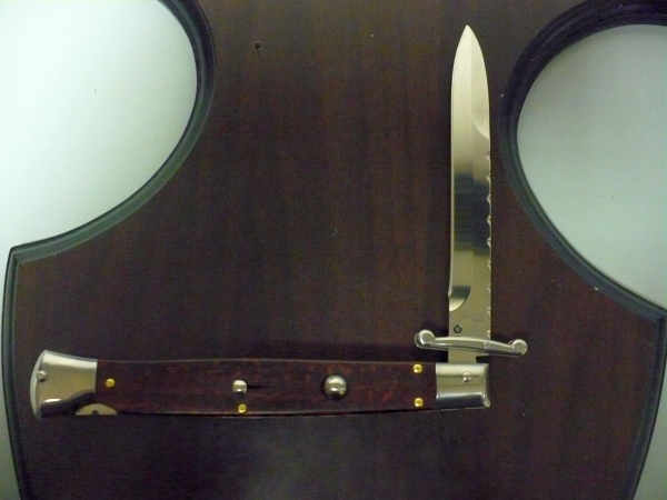 Classic swinguard - italian stiletto, coltello a scatto, 28cm - AKC World ,legno di serpente /snakewood ,  lama baionetta lavorata a lima / file work