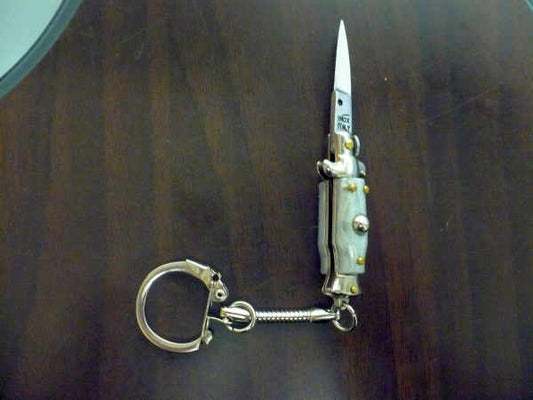 Mini coltello a scatto, italian stiletto - 7 cm perloide grigia / gray pearloid - lama classica, pugnale artigianale Maniago Italia