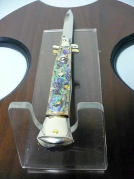 Picklock - Frank Beltrame Italian stiletto with a polished steel bayonet blade and iridescent abalone handle