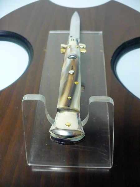 Picklock - Frank Beltrame Italian stiletto with a light buffalo horn handle, brass pins, and a pointed steel blade